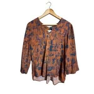 Wrap London 3/4 Sleeve Navy Rust Silk Blend Blouse Size 6